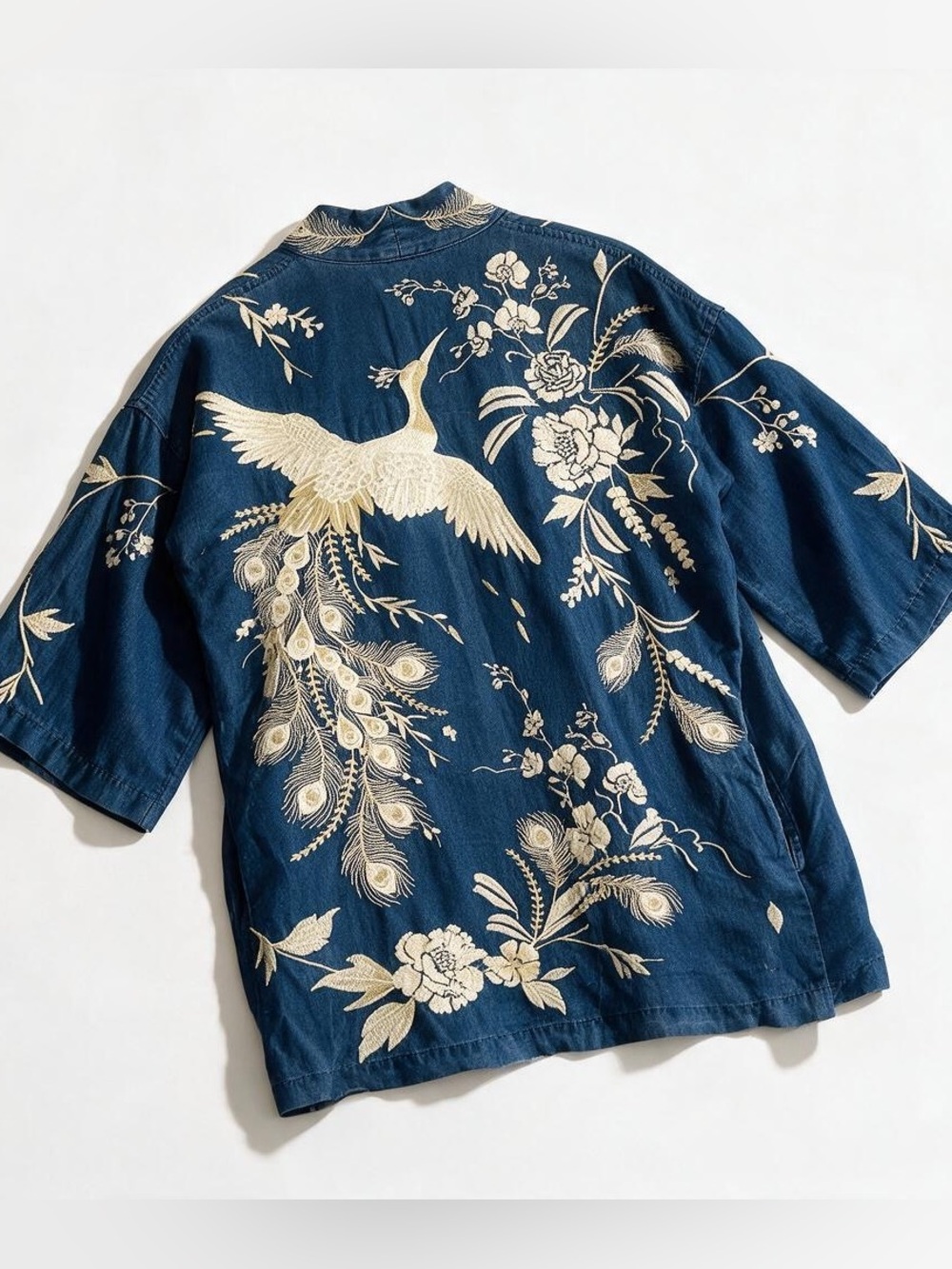 Johnny Was Workshop Embroidered Navy Blue Jean Kimono Crane